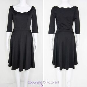 NEW Meaneor black fit and flare midi dress scoop scallop neckline, S‎